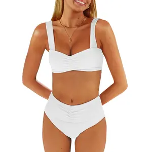 ANRABESS Bathing Suit for Women Tummy Control Bikini Set 2026 Beach Front Ruched Mid Waist Swimsuit with Adjustable Straps SpringStatements