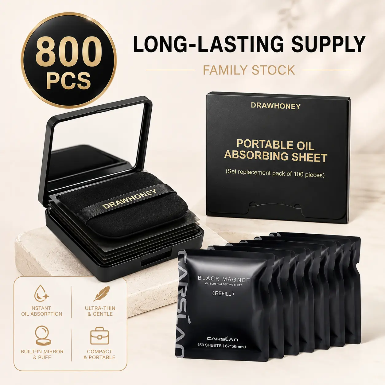 DrawHoney Portable Oil Absorbing Pad - Comes in a total of 200/400/800 pieces. One set consists of 100 regular packs and 100 supplementary packs. It does not damage the makeup and can easily control oil while being suitable for various skin types.