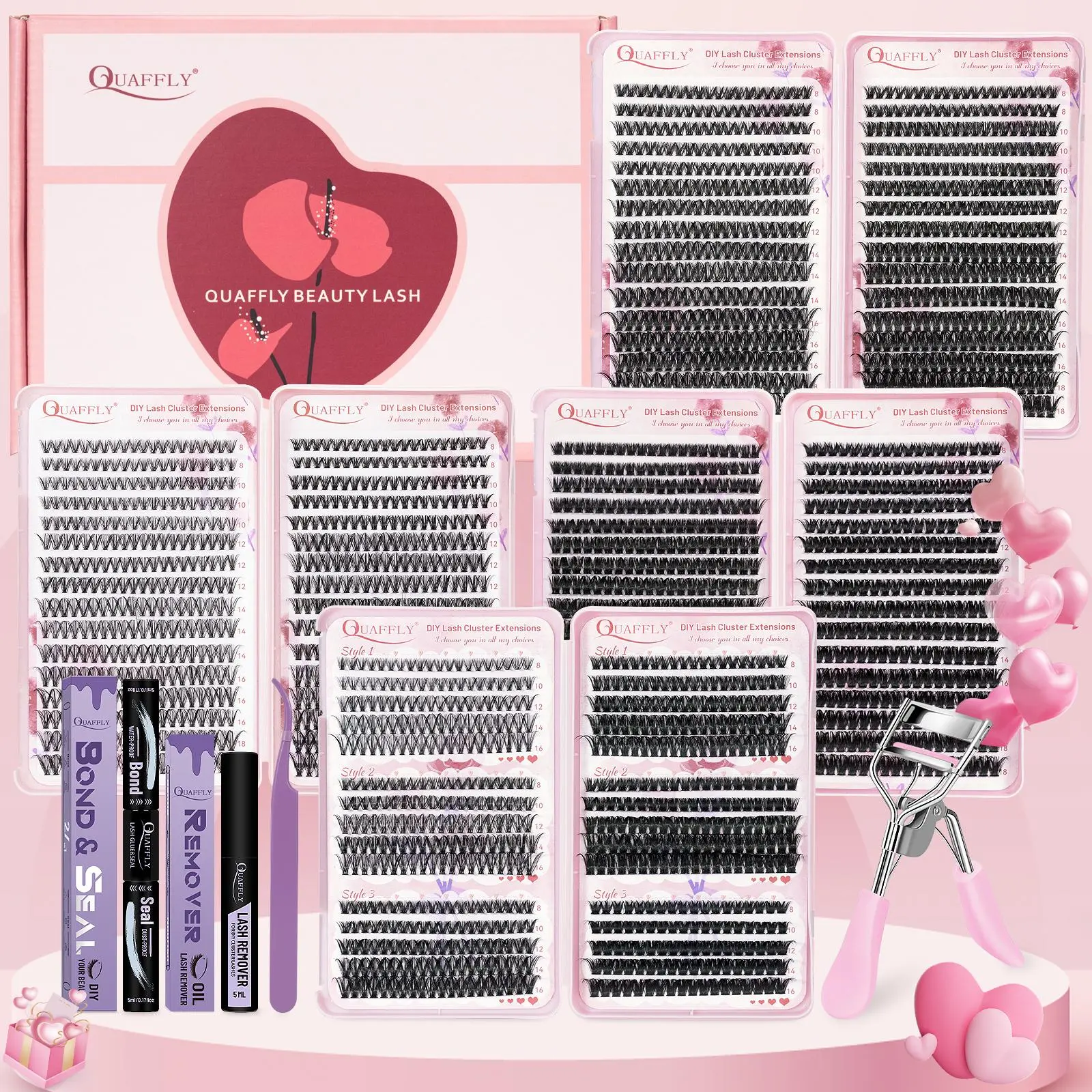 Eyelash Extensions Kit, 1 Box DIY Cluster Lashes & Individual False Eyelashes & Eyelash Glue & Tweezers & Lash Culer & Eyelash Remover, Professional Eye Makeup Tool, Cosmetic, Eyelashes Clusters