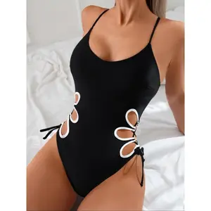 Women's  Cut Out Tie Side One-pieces Swimsuit, Casual Fashion Swimwear for Beach Holiday Vacation, Ladies Swimsuit for All Seasons