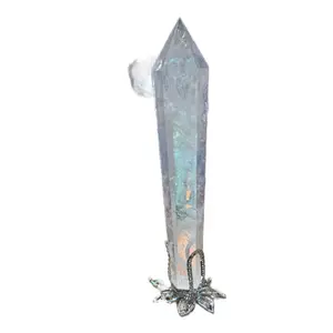 Clear Quartz Wand with Unique Leaf Base for Spiritual Healing Energy Alignment Hexagonal Point Focused Energy Meditation Crystal Grids