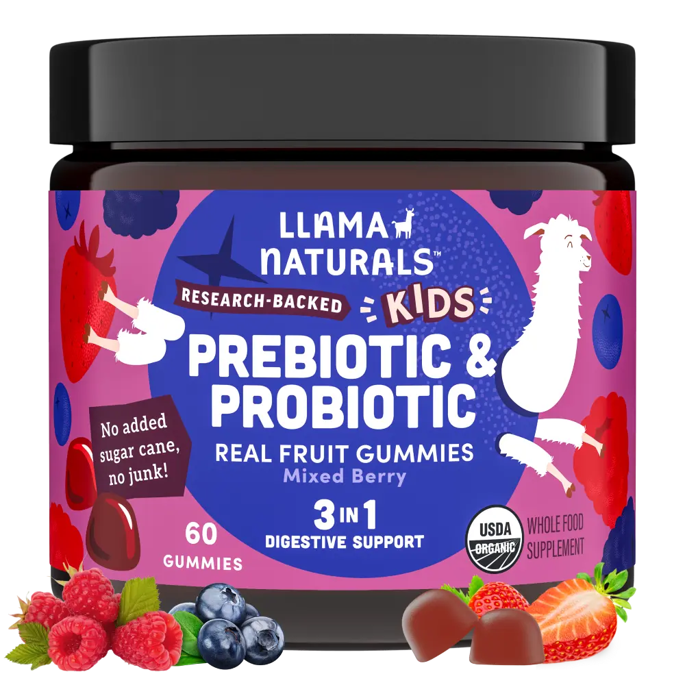 Llama Naturals Kids Probiotic with Prebiotic Fiber, Vegan, Organic Prebiotics and Probiotics Gummies for Gut Health Support, Real Fruit Gummy Vitamins, No Added Sugar Cane, Mixed Berry, 60 Ct