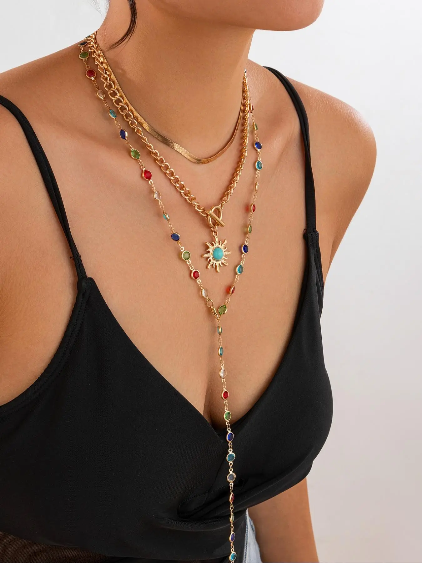 Boho Style Sunflower Design Layered Fashion Accessory Artificial Crystal Decor Necklace Pendant for Party, Daily Decor, Trendy All-match Jewelry for Birthday Gift, Daily Wear Necklace, Neck Chain