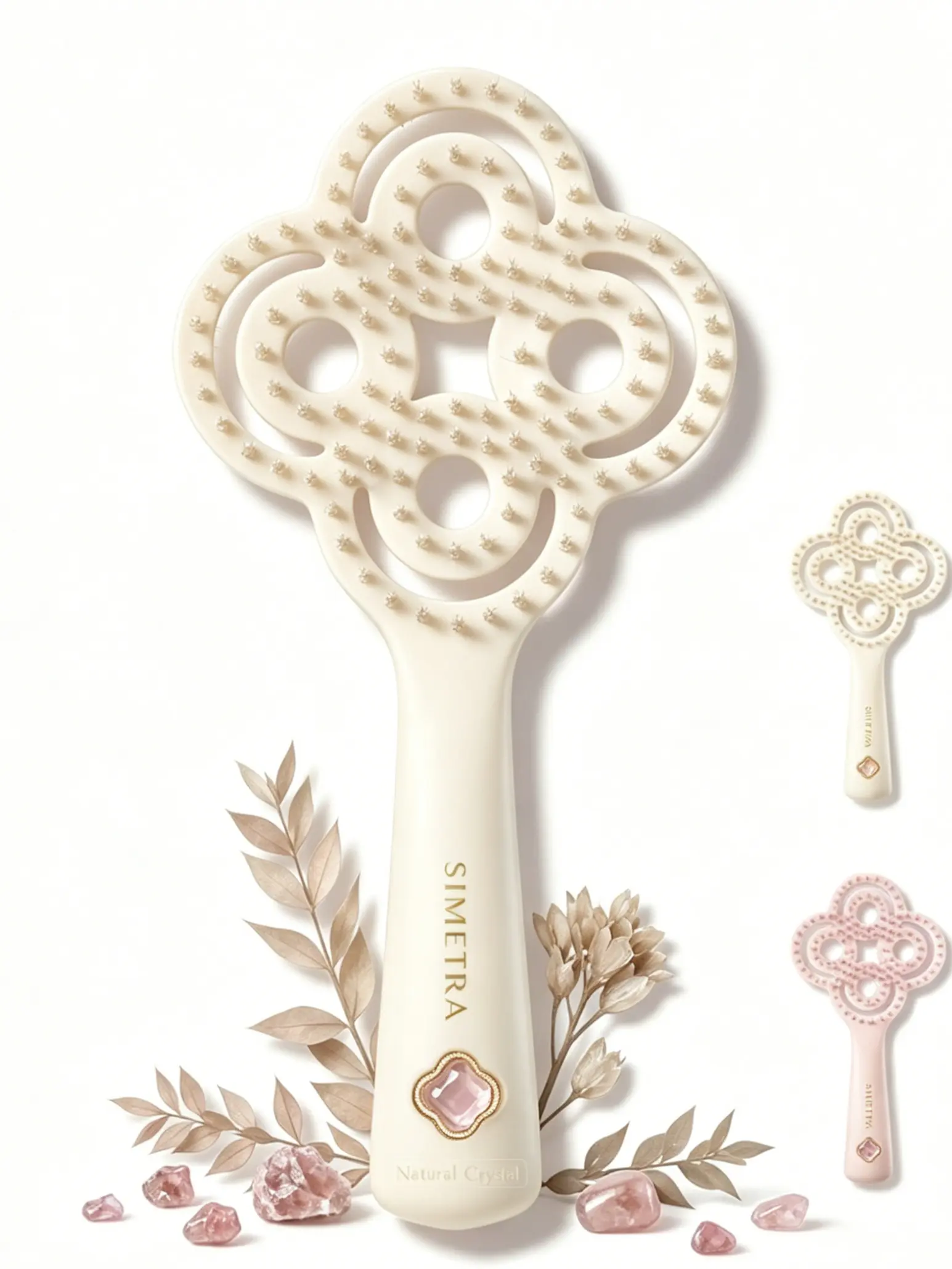 SIMETRA 12° Scalp Hugging Detangling Wet Brush, Hair Brush with Natural Crystal Inlay, 3D Clover Hollow Massage Comb for Volumizing Flat Hair & Frizz Control
