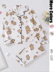 Cartoon Pajamas Set, Water Buffalo & Print, Long Sleeve Shirt & Pants, Fall Winter Casual Home Wear, Fruit Print Pajamas