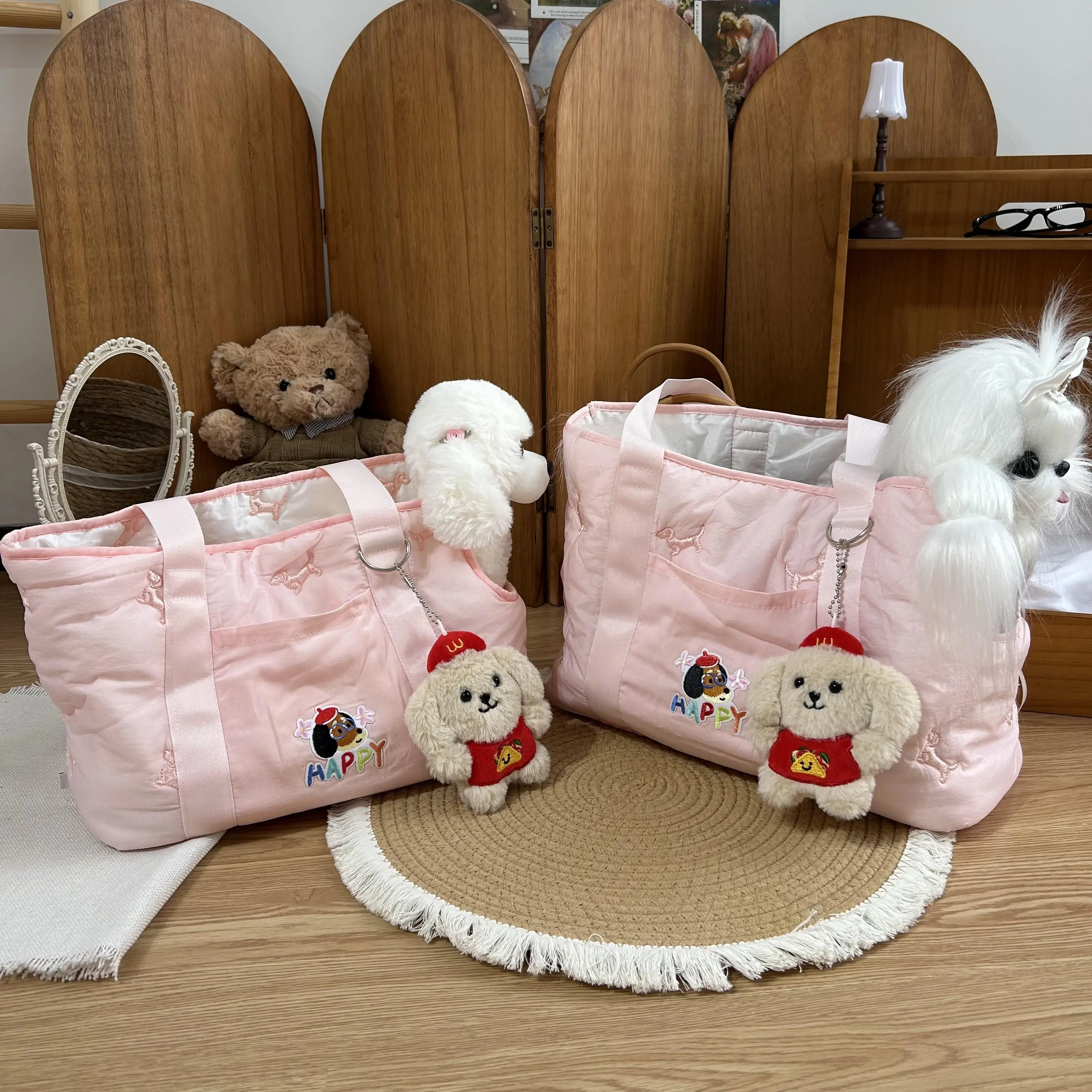 Cute Pink Small Dog Carrier Tote Bag, Soft Portable Pet Travel Handbag With Dog Plush Charm, Breathable Puppy Carry Bag For Maltese Chihuahua Yorkie Small Breed Dogs
