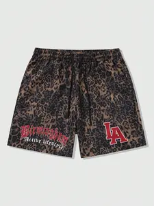 Men's Leopard Print "LA" Drawstring Shorts | Y2K Streetwear Casual Shorts with All-Over Leopard Print & "Birmingham LA" Graphics | Retro Street Style for Gen Z Guys & Streetwear Enthusiasts