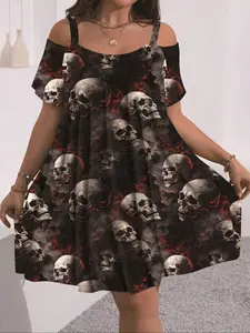 Summer Women's Short Sleeve Hollow Out Spaghetti Strap Fashion Elegant Fitted Halloween Skull Print Dress, Comfortable Fit, Stylish and Trendy, Perfect for Casual Wear