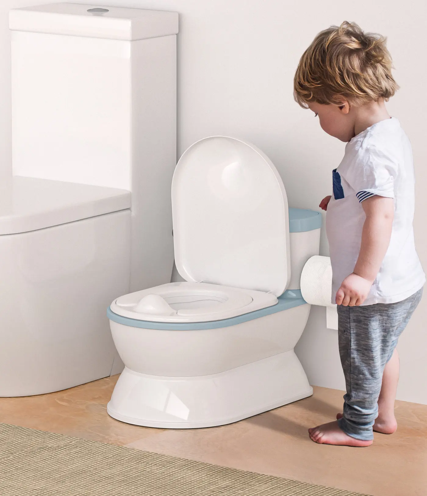 BabyBond Real Flip Top Lid Toddler Potty Training Seat - Easy to Clean, with 30 Liners Inside, Wipes Storage, Flushing Sounds, Toilet Paper Holder, Fun Baby Potty Chair