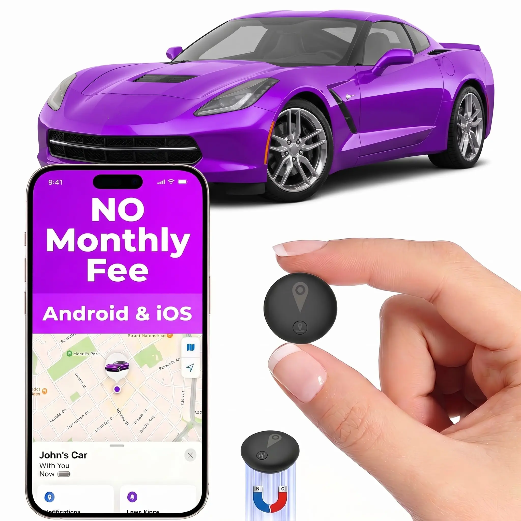 2PCS Car GPS Tracker - Built-in strong magnet, no subscription required, no monthly fees/no SIM card required, compatible with Android “Find Hub” and iOS “Find My” features, global anti-theft device, covert GPS tracking device for cars and motorcycles