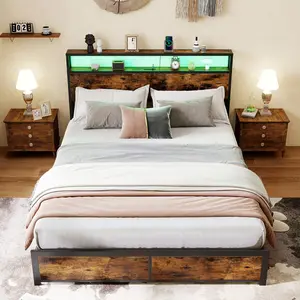 COSTWAY - Full/Queen Size LED Bed Frame with Charging Station and 4 Storage Drawers-Queen