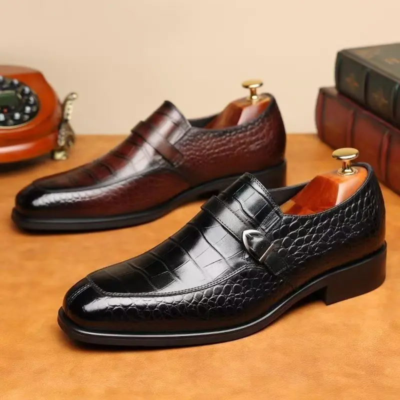 Men's Formal wear Square Toe Buckle Closure Comfortable Formal Smart Casual Footwear Black Brown Versatile Dress Loafer Style