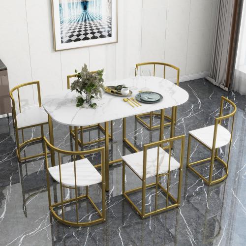 Modern 7-Piece Dining Table Set with Faux Marble Table and Triangular Chair Design, Compact 55Inch Kitchen Table Set for Small Places (Golden+White）