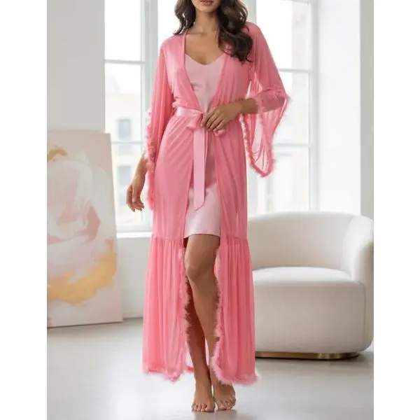 Women Long Sleeve Plush Robe Luxury Kimono See Through Extra Long Babydoll Nightgown Dress