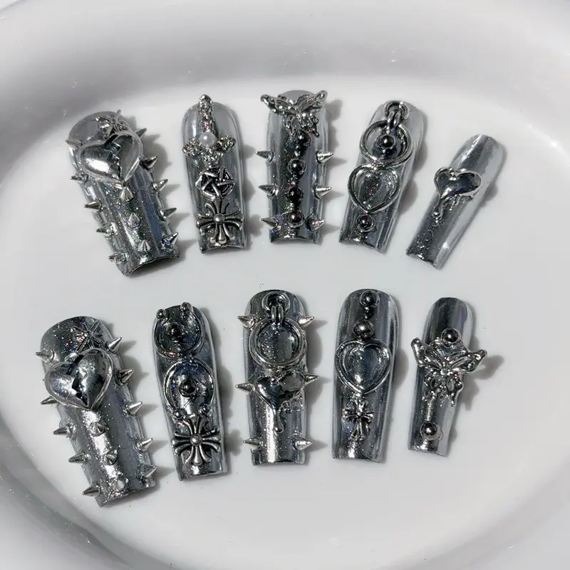 Handcrafted Metallic Silver Cyberpunk Press-On Nails, Y2K Grunge Subculture Style with Spikes and Cross Charms