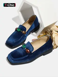 Women's Fashion Fall New Velvet Thick Sole Blue Square Toe Mid Heel Soft Bottom Outdoor Lightweight Breathable Slip-On Walking Shoes Loafers Footwear