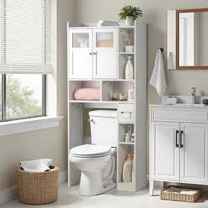Toilet Storage Cabinet, Bathroom Shelf Organizer Over Toilet, Washing Machine Box, Space Saver with Adjustable Decorative Racks, White Double Doors, Waterproof MDF, Chrome Handles, Anti-Tip Design