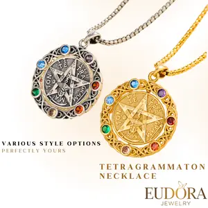 Dainty Tetragrammaton Pentacle Necklace with Seven Chakras, Rotatable Hebrew Inscriptions Pentagram Pendant, YHWH Jewelry Gift