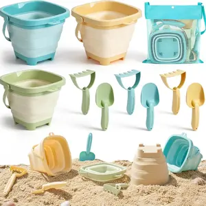 Beach Toys, 3 Pack Collapsible Sand Buckets for Kids, Shovels & Rakes Set with Mesh Bag, Kids Beach Essentials Sandcastle Building Kit for Beach Trip Outdoor Play and Summer Fun