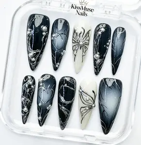 KissMuse Nails | Gothic Glow-in-The-Dark | ST-T051 | 10PCS Gothic Glow-in-The-Dark Press On Nails - Halloween Vampire Witch Claws with Jewel Rhinestones