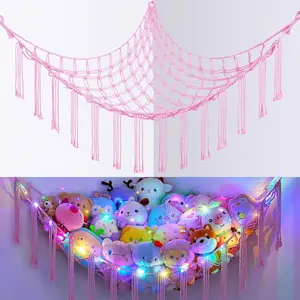 Basumee Stuffed Animals Net or Hammock with LED Light, Hanging Stuffed Animals Storage Toy Hammock Net Corner Wall Girls Room Decor Toy Storage Organizer, Pink, L