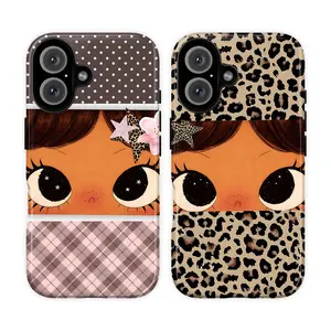 Cute Y2K Big Eye Girl Phone Case for iPhone 17 16 15 14 13 12 11 Pro Max Plus Mini, Kawaii Cartoon Girl Cover, Leopard Print & Pink Plaid Aesthetic Protective Case, Fashion Doll Style Gift for Girls & Women