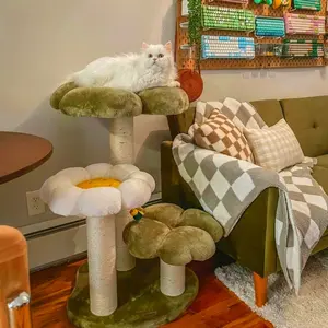 Green Clover Cat Tree Tower with Multi-level Large Cozy Platforms and Sisal Scratching Post, Stable for Indoor Cats and Kittens Up to 20lbs Calming