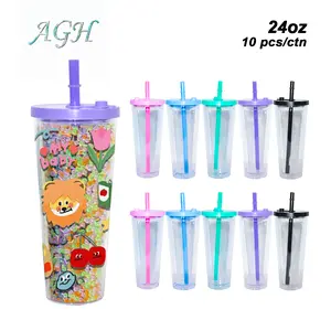 AGH US Exclusive 24OZ Plastic Leak-proof Snow Globe Double wall acrylic tumbler cups with Color mixed lids and bubble tea straws 10/15pcs/carton
