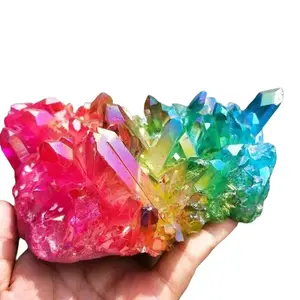 Natural Rainbow Aura Quartz Crystal Cluster, Healing Reiki Chakra Raw Gemstone Mineral Specimen, 1-of-a-kind Fengshui Ornaments, Home Decor, Meditation Gift with Mini Brazil Wood Desktop Planter, One-Of-A-Kind Fengshui Ornaments