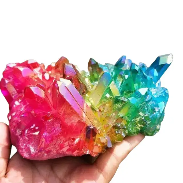 Unique Aurora Crystals Rainbow Aura Quartz Cluster - Natural Healing Reiki Chakra Mineral, Folk Ceremony Crystal Decorative Ornaments, Fengshui Home Decor, Meditation Gift with Mini Brazil Wood Desktop Planter (Ideal for Birthday, Anniversary), Unique Cry