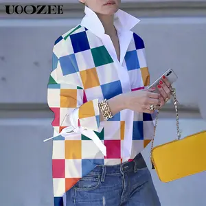 UOOZEE Women's Collared Long-Sleeve Loose Button-Front Blouse - 100% Polyester Top, Simple Contrast Plaid Stand Collar, Casual Autumn Everyday Shirt, Vibrant Colors