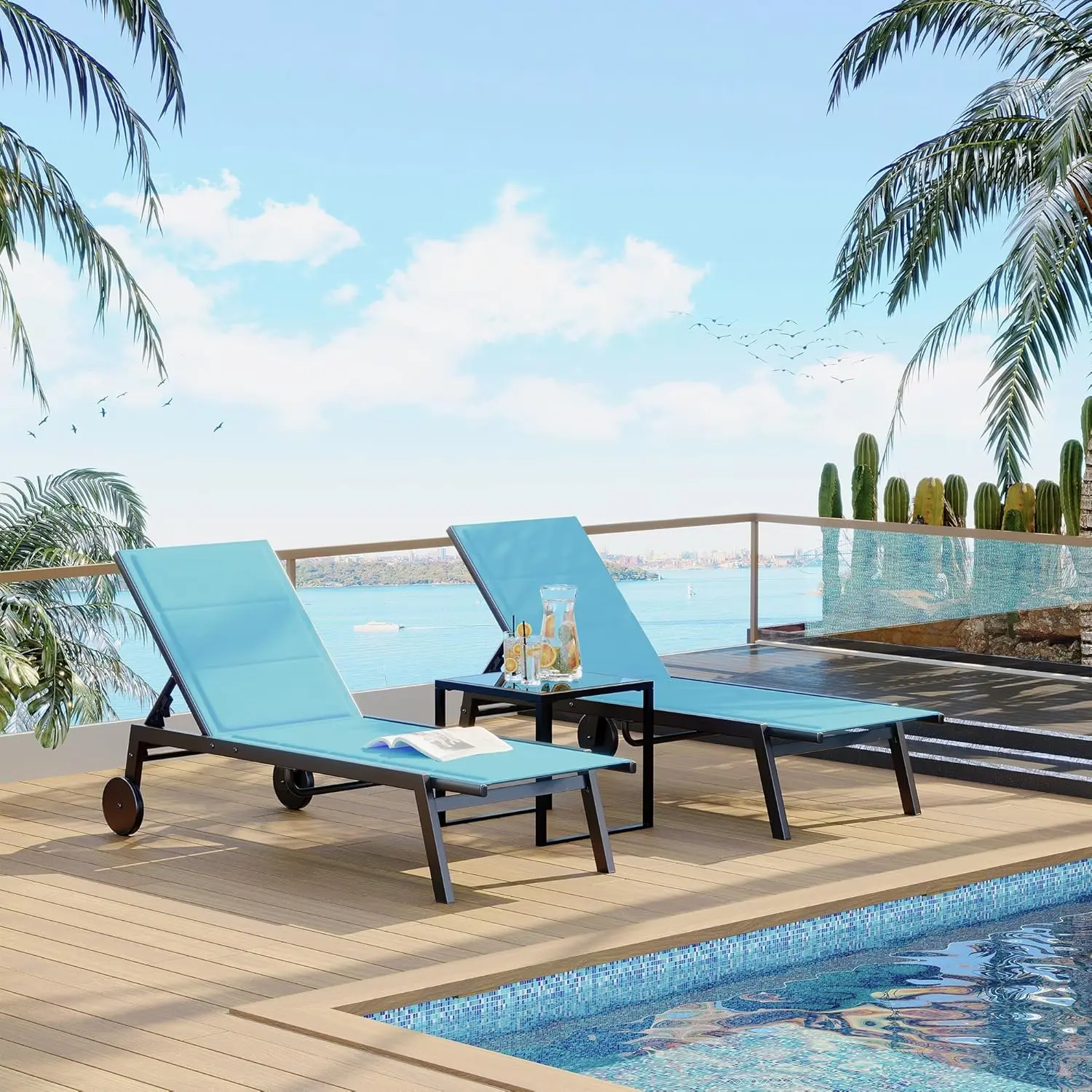 Outdoor Furniture Set of 3 Armrest Lounge Pool Chaise Loungers with Arms, 5-Position Adjustable Backrest, Wheels, Side Table, Textilene Fabric, Heavy-Duty Metal Frame, Blue for Backyard Pool Parties & Relaxation