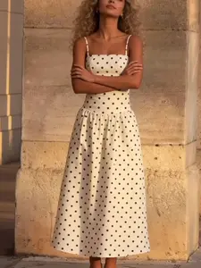 A white bag with black polka dots, a thin strap, a strapless, Sleeveless dress with a high waist and a slimming effect, Chic, Elegant, suitable for summer, suitable vacation, dating, afternoon tea or beach photo shoot.