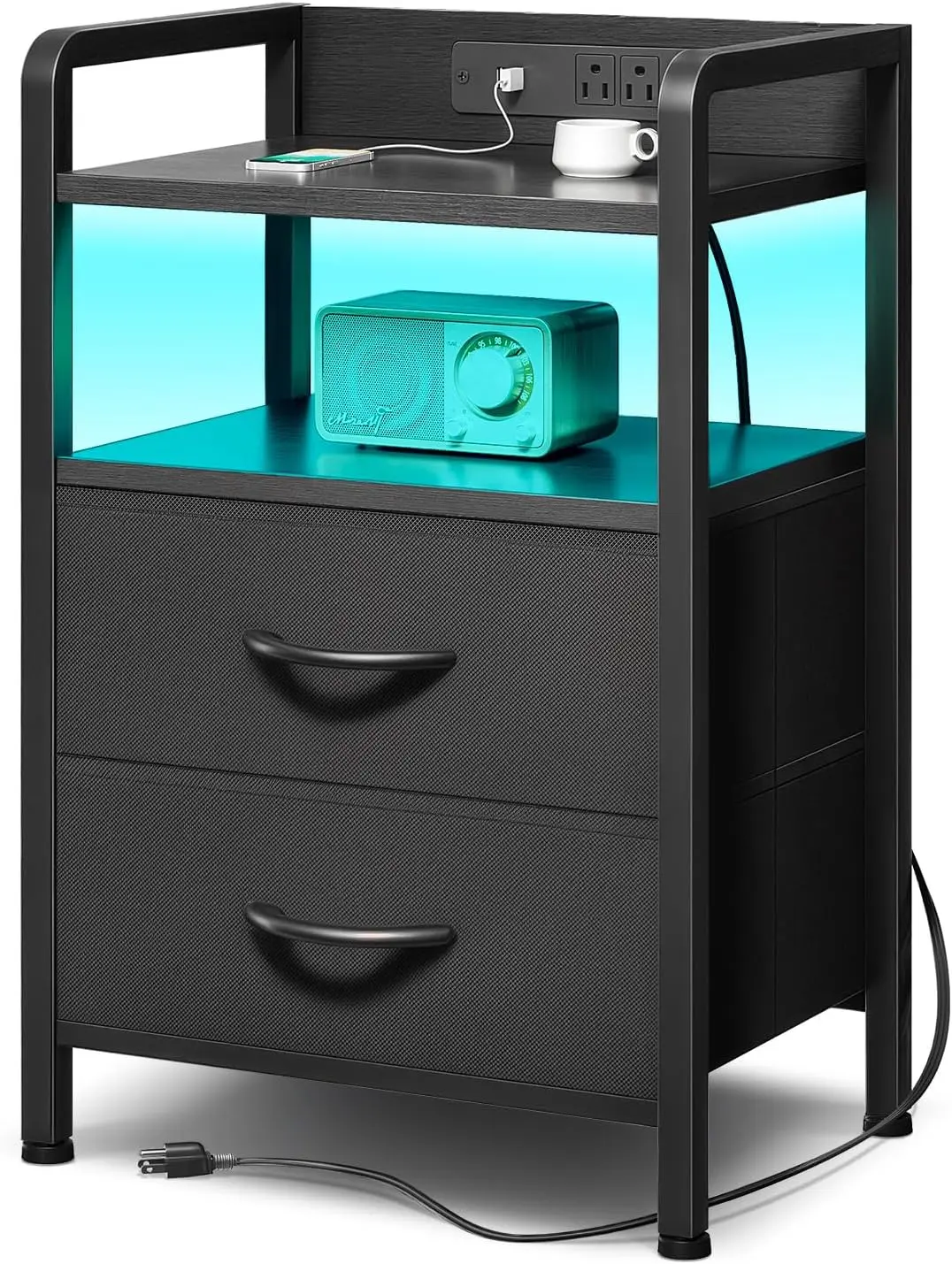 Modern LED Black Nightstand with 2 Fabric Drawers & U-SB Ports - Bedside  Station with AC Outlets & LED Light Strip for Easy Access Power