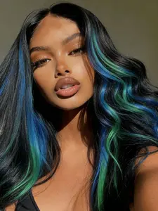 26 Inch Black With Green And Blue Highlights Lace Front Wig Body Wave Heat Resistant Synthetic Lace Front Soft & Lightweight Natural Parting