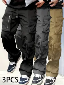 3-Pack Men's Casual Cargo Pants Zipper Detail Multi-Pocket Durable Work Trousers, Menswear, Fashion tiktokshopspringglowup