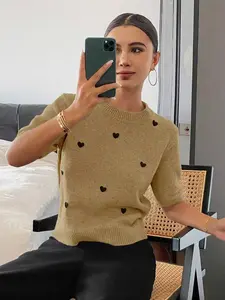 Women's Spring Summer Knit Pullover Sweater, Heart Pattern Fitted Top, Valentine's Day Style, Elegant Plain Design, Knitwear