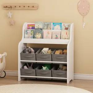 Kids Bookshelf with 6 Fabric Storage Bins, Multi-Functional Children's Bookcase and Toy Organizer, Front-Facing Display Shelf for Playroom, Bedroom or Nursery - White & Gray