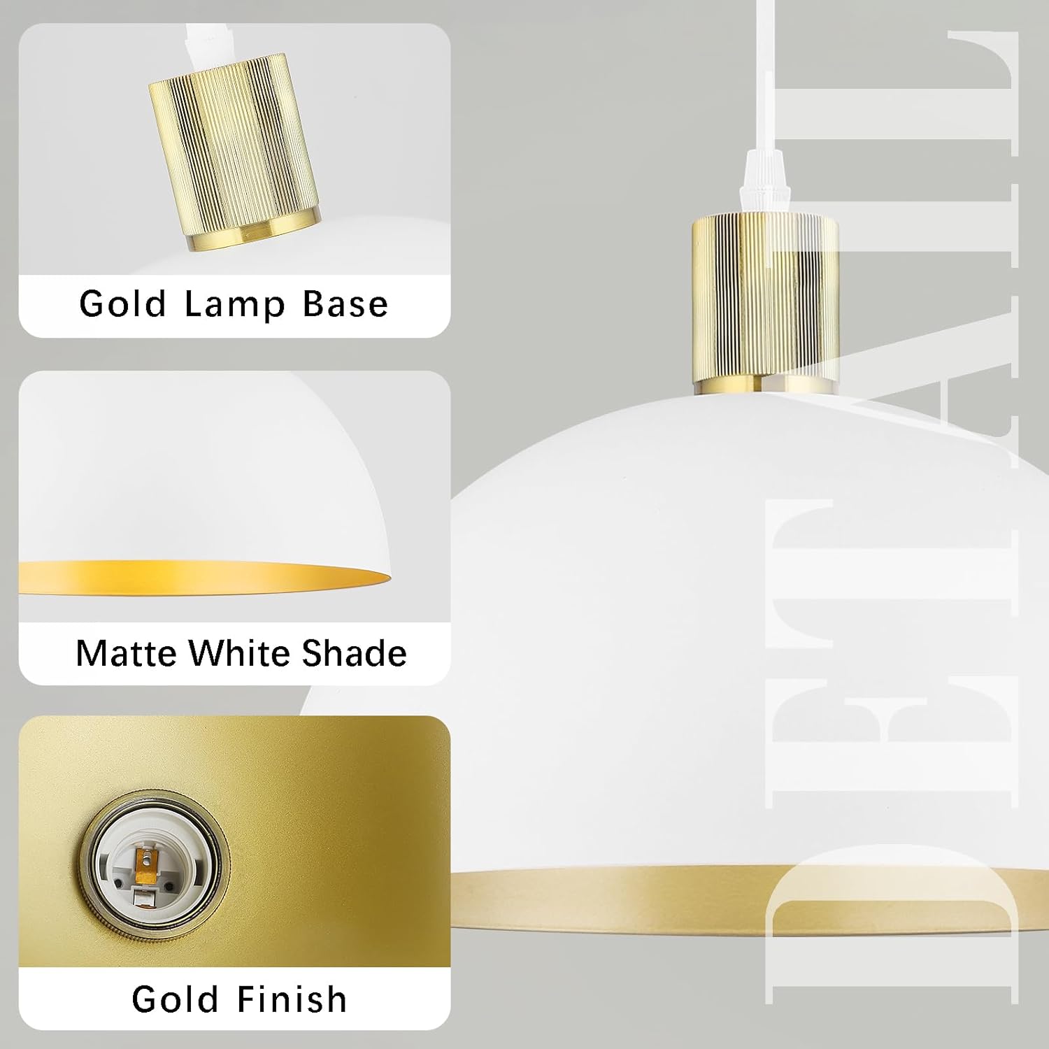 White Gold Pendant Lights Kitchen Island, 11.8" Modern Dome Farmhouse Hanging Lighting for Dining Room Hallway Entryway