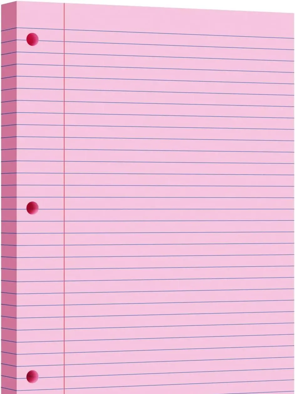 Pink College Ruled Loose Leaf Paper, 100 Sheets, 8x10.5", 3-Hole Punched for 3-Ring Binders, Stationery for School & Work, Ideal for Structured Personal Notes & Organized Writing Office Supplies