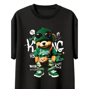 Trendy Hip Hop Green Cool Bear Graphic T-Shirt For Men, King Break The Rules Cartoon Teddy Bear Short Sleeve Tee, Retro Streetwear Loose Fit Casual Top For Daily Urban Outfit