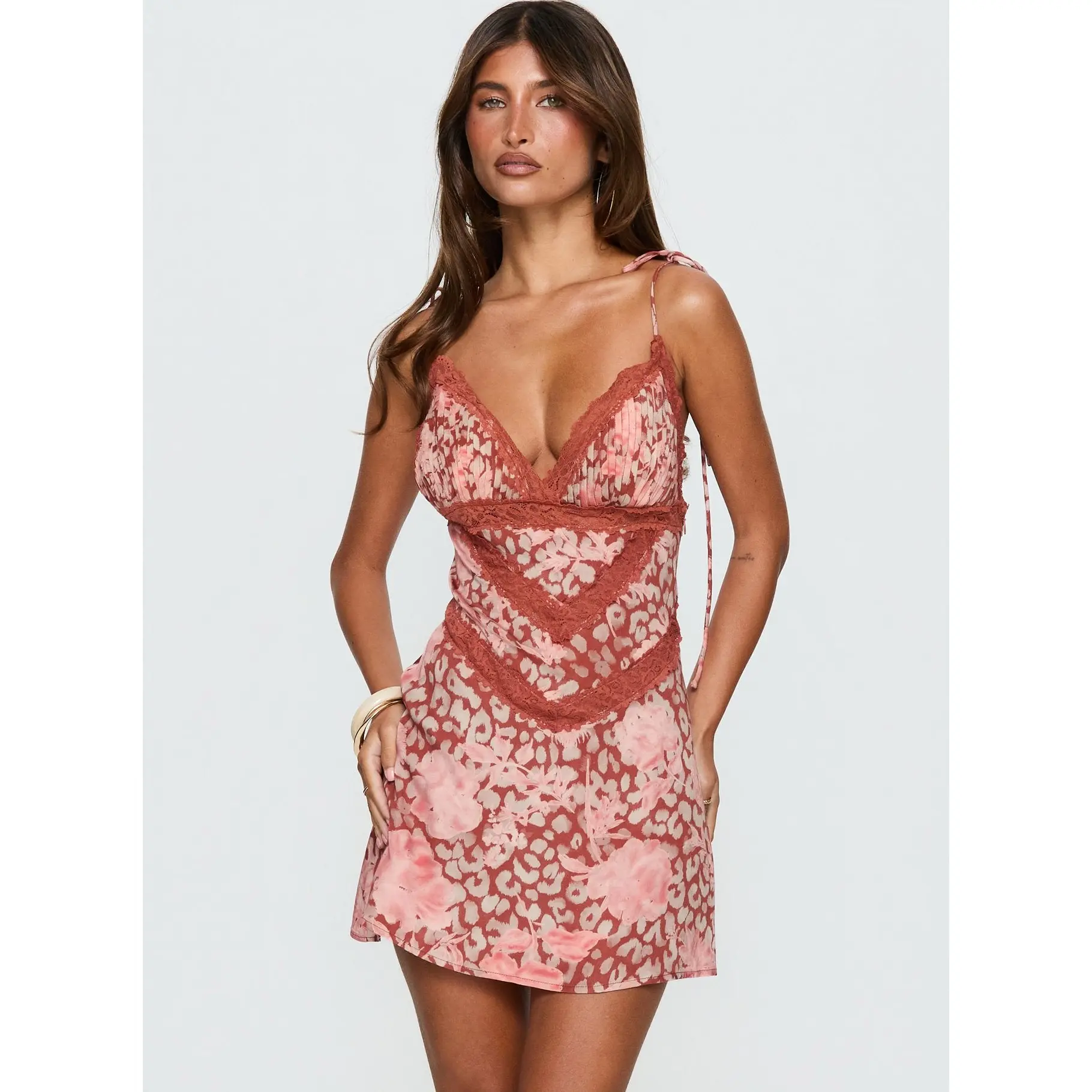 Orithia Lace Trim Romper Red / Pink Leopard