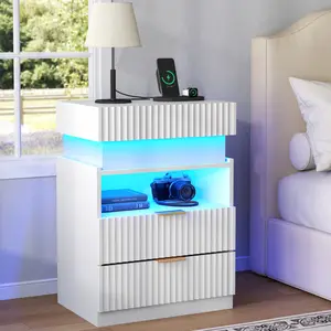Loomie Fluted Nightstand with Charging Station and LED Lights,Night Stand with 2 Drawers & Open Shelf,Modern Bedside Table with hidden compartment(2 Colors)