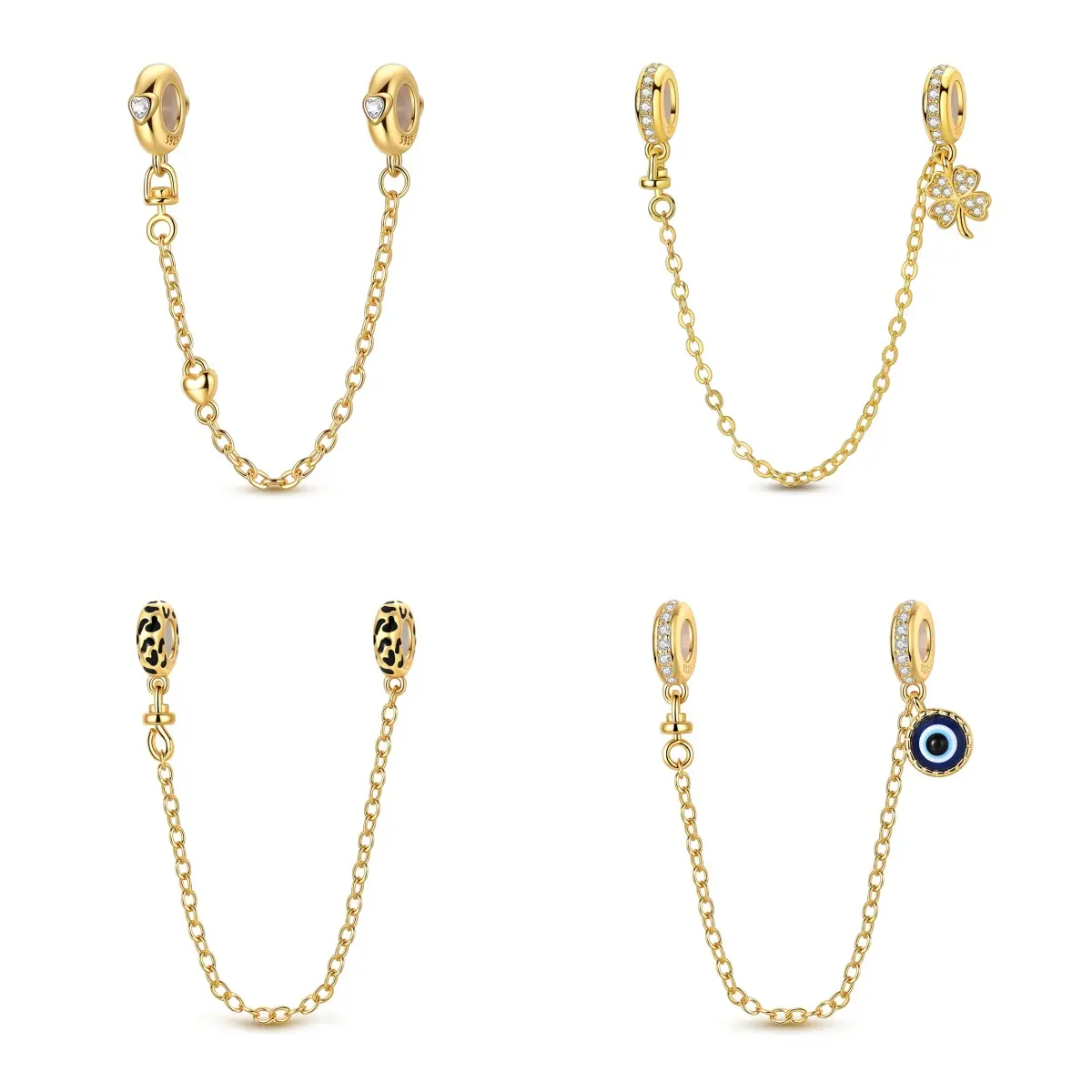 This MULA 14K gold-plated security bracelet features an evil eye/four-leaf clover/heart/leopard print pendant and is compatible with Pandora bracelets, making it the perfect gift for ladies and girls., Bracelets For Women