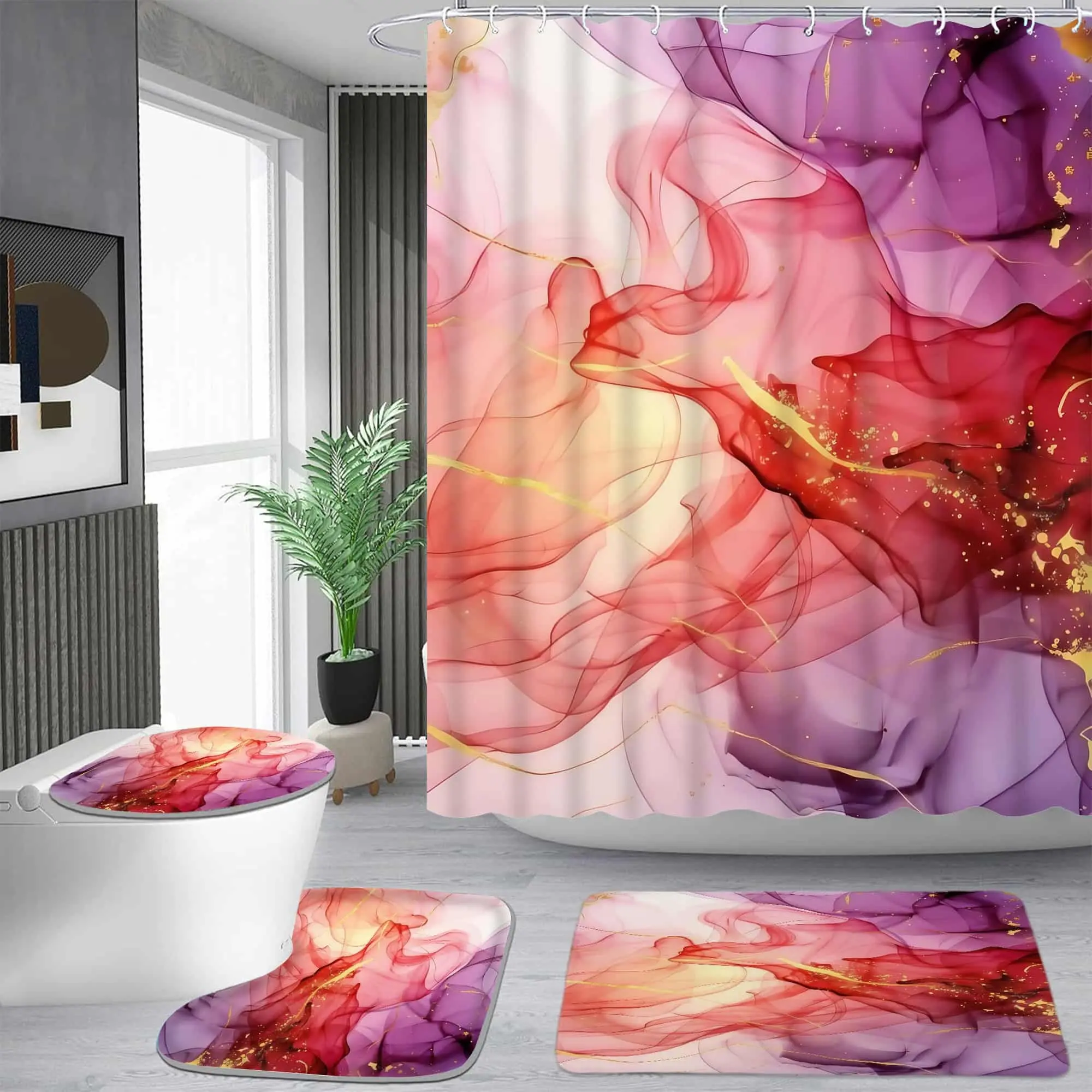 Gilt pink purple gradient pattern shower curtain set, waterproof shower curtain with 12 hooks, non-slip bathroom carpet, toilet U-shaped cushion, toilet seat cover cushion, bathroom shower curtain set, perfect moving gift.