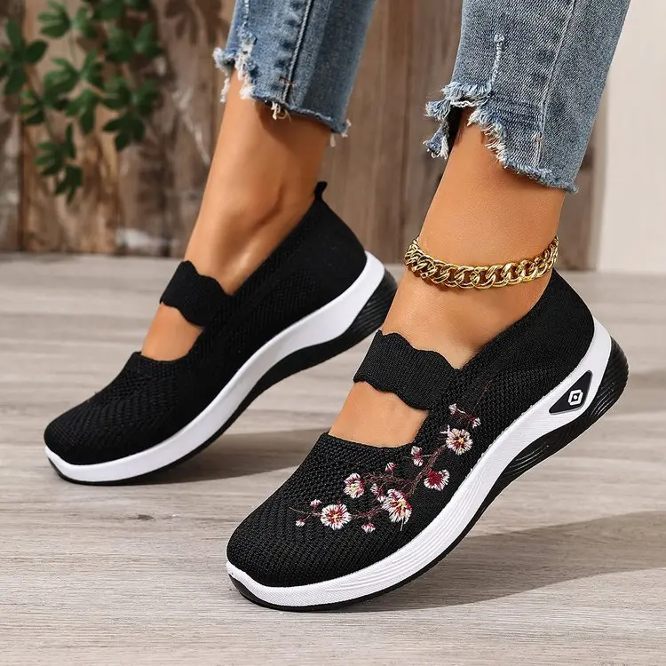 OFIREND Women's Floral Embroidery Mary Jane Walking Shoes, Breathable Round Toe Polyester Slip-Ons with Cushioned Sole for Outdoors, Braid, Ankle, Knit Fabric, Vintage
