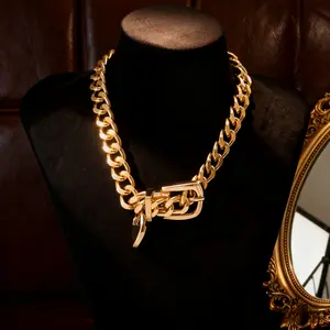 Punk Gold Belt Buckle Choker| Chunky Cuban Thick Chain| Vintage Short Necklace for Women