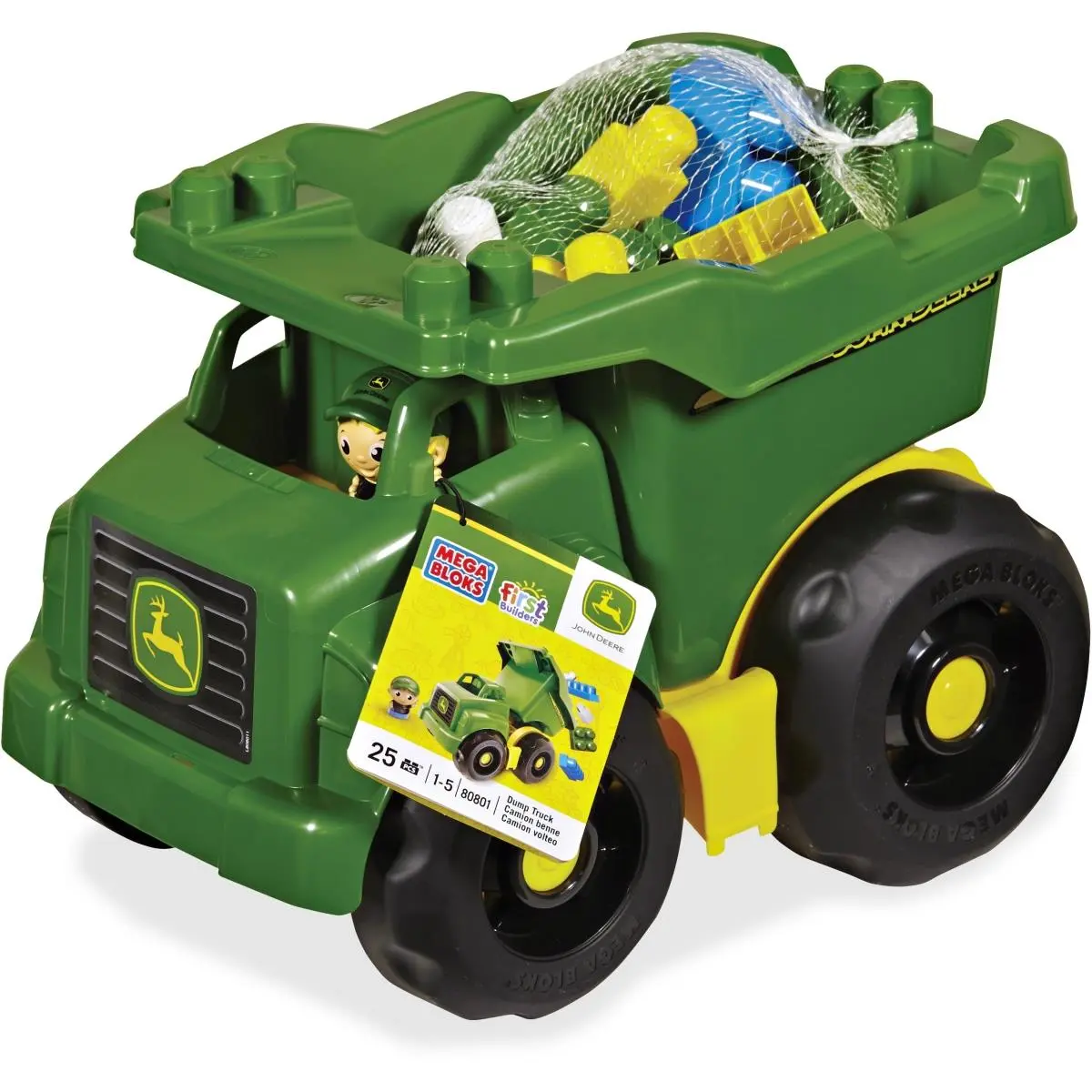Mega Bloks John Deere Green Dump Truck Building Blocks Set - 25-Piece, Ages 1+ Yrs Unisex Children, Tilting Bins, Rolling Wheels, Cat Toy for Playroom Use