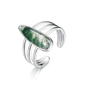 925 Sterling Silver Ring With Moss Agate Cluster Trio Gemstone Stackable Band Ring