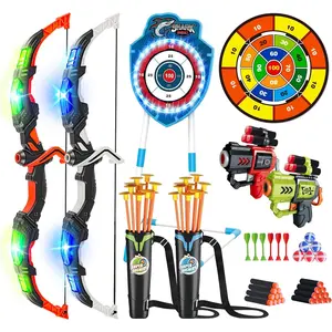 VATOS 2 Pack Bow and Arrow Toy with LED Light - 4 in 1 Archery & Dart Game Set with 20 Suction Cup Arrows, Shark Glow Target & Dart Board - Indoor/Outdoor Birthday Gift for Kids Boys Girls Ages 5-12